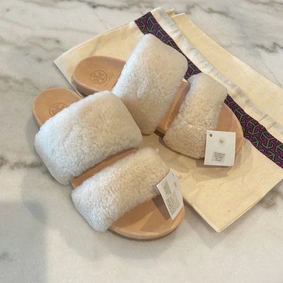 Gently Used Tory Burch Fur slippers Beige sz 9 Sheldon Shearling Two Band Slide - Picture 4 of 14